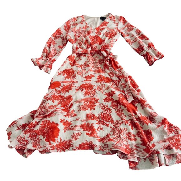 Tahari Arthur S. Levine Red & White Floral Wrap Dress Size 6 Long Sleeve. - Picture 3 of 16